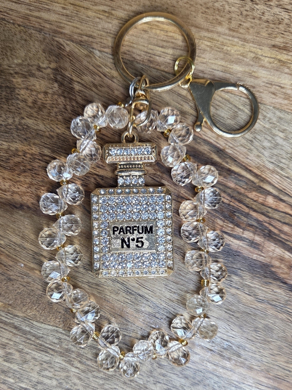 Bright Crystal Parfum N°5 Bottle Keychain with Sparkly Beaded Wristlet